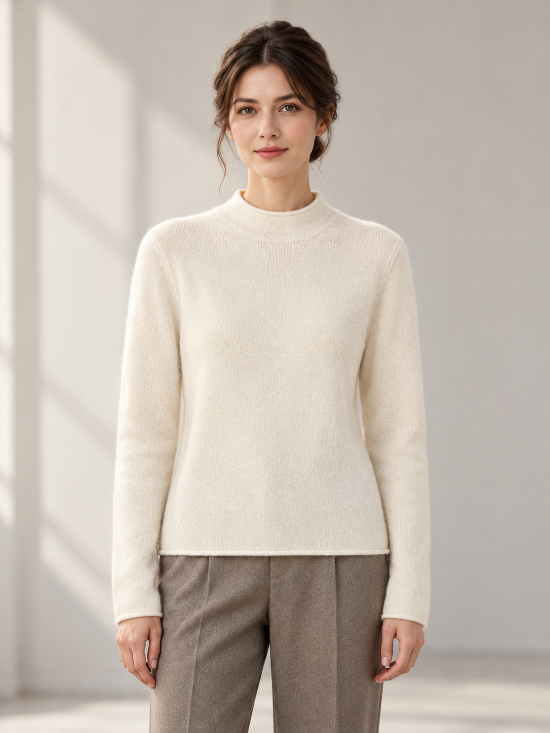 Bark-Texture Mock-Neck Sweater in White — model front