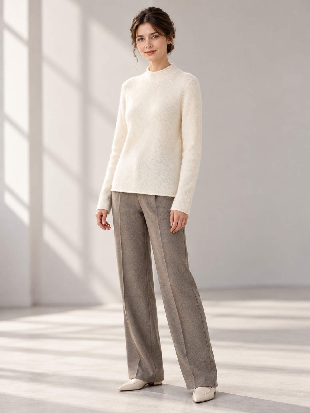 Bark-Texture Mock-Neck Sweater in White — model threequarter