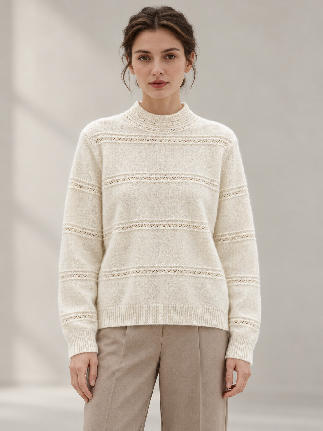 Openwork Mock-Neck Sweater in White — model front