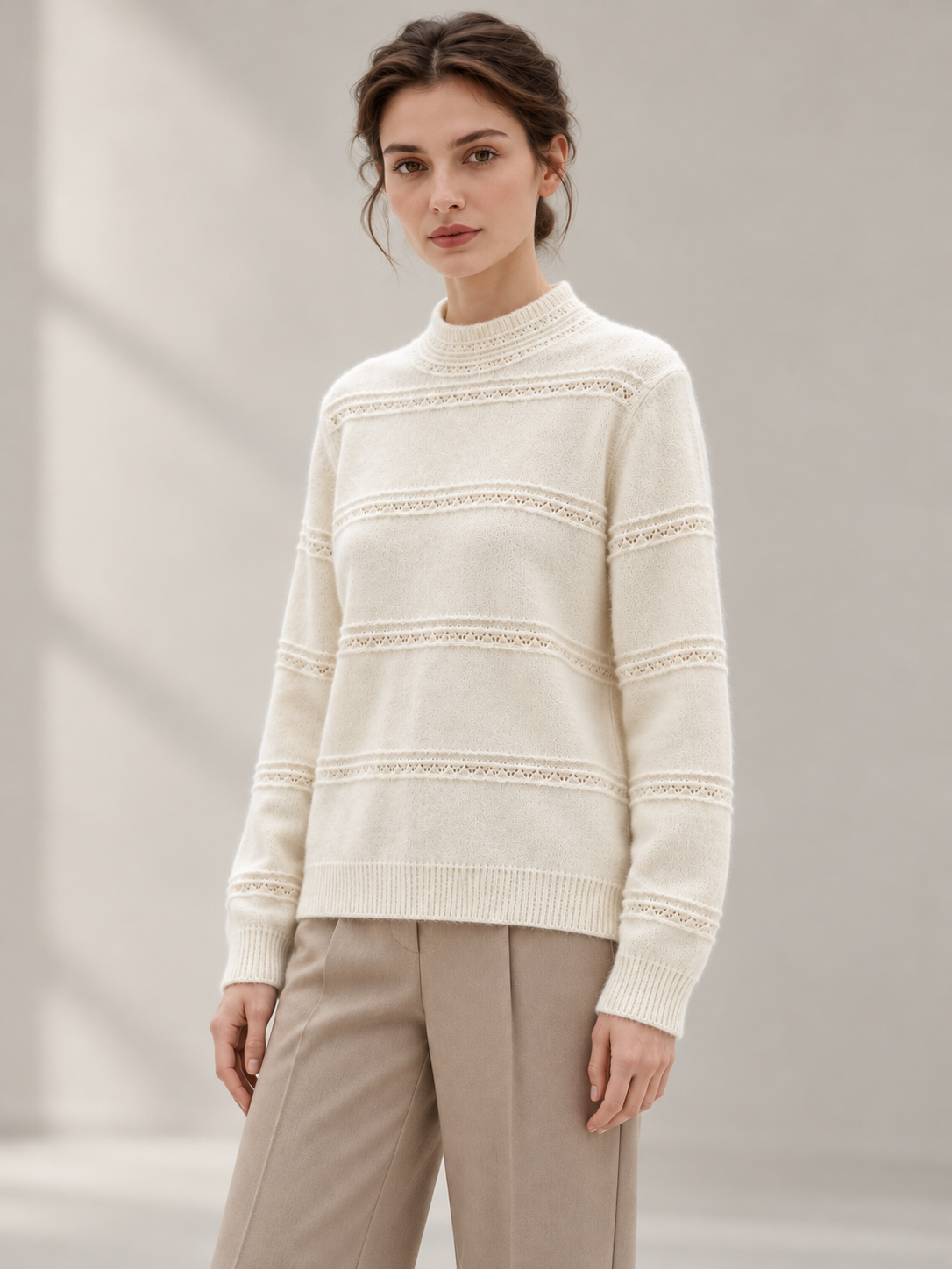 Openwork Mock-Neck Sweater in White — model threequarter