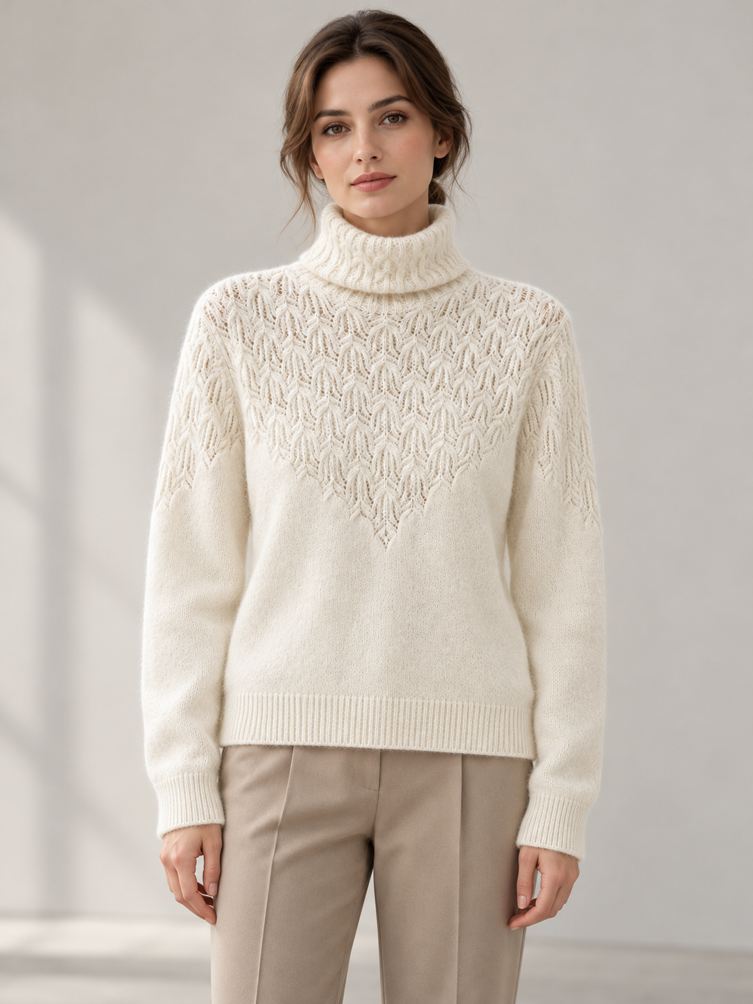Openwork Draped-Neck Sweater in White — model front