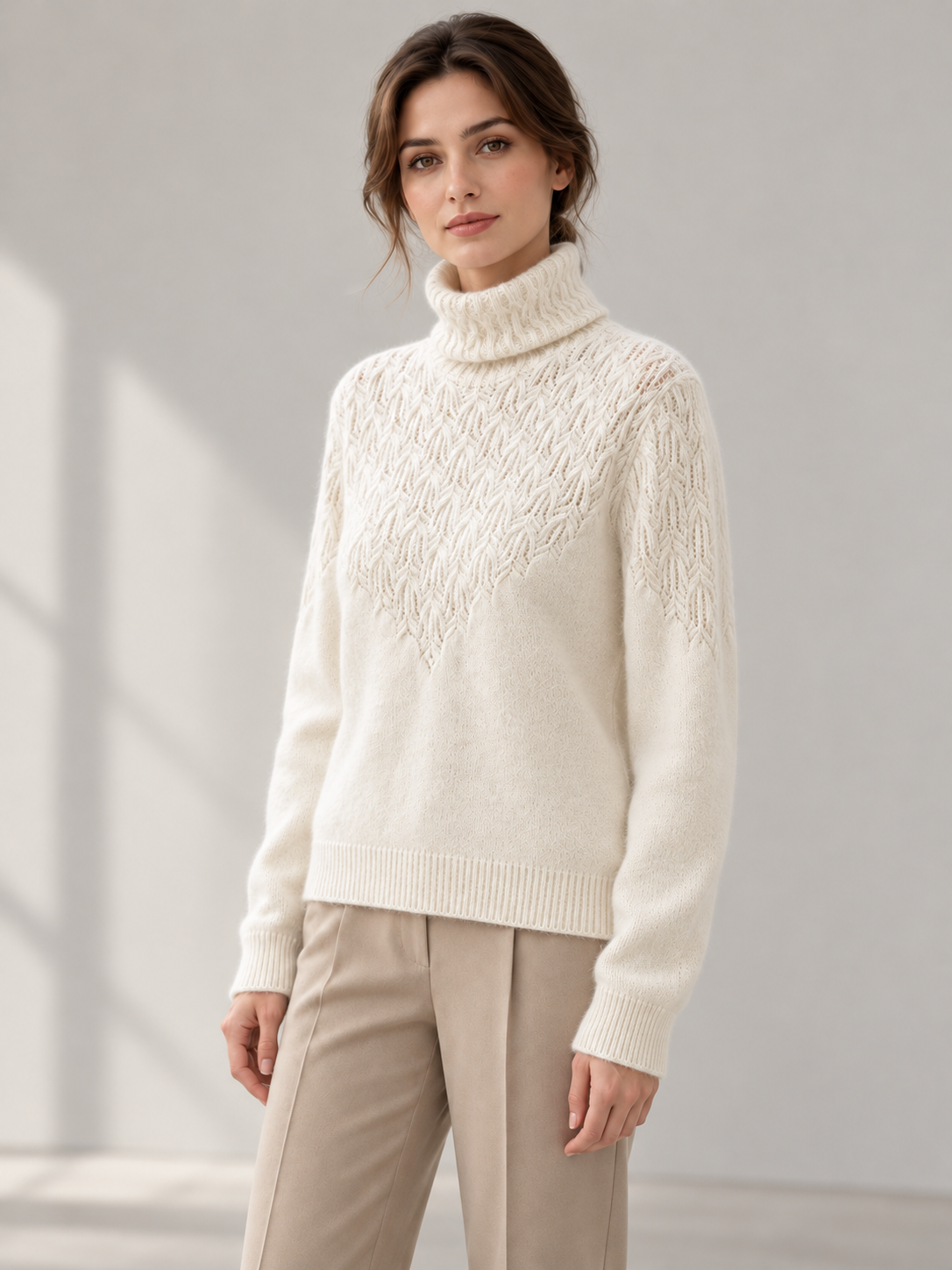 Openwork Draped-Neck Sweater in White — model threequarter