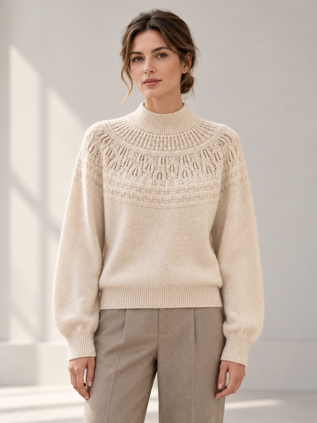Fair Isle Knit Sweater in Natural Ivory — model front