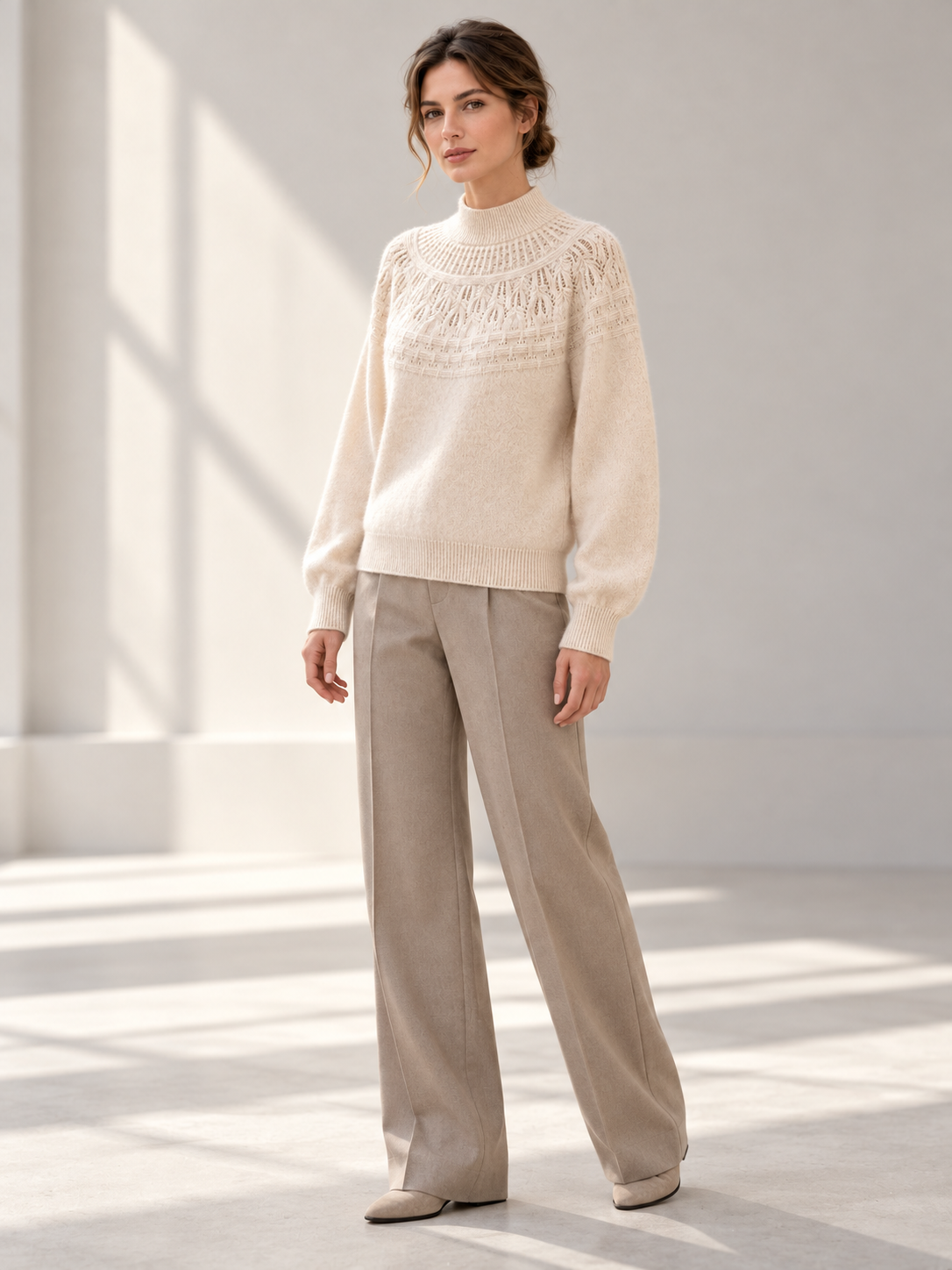 Fair Isle Knit Sweater in Natural Ivory — model threequarter