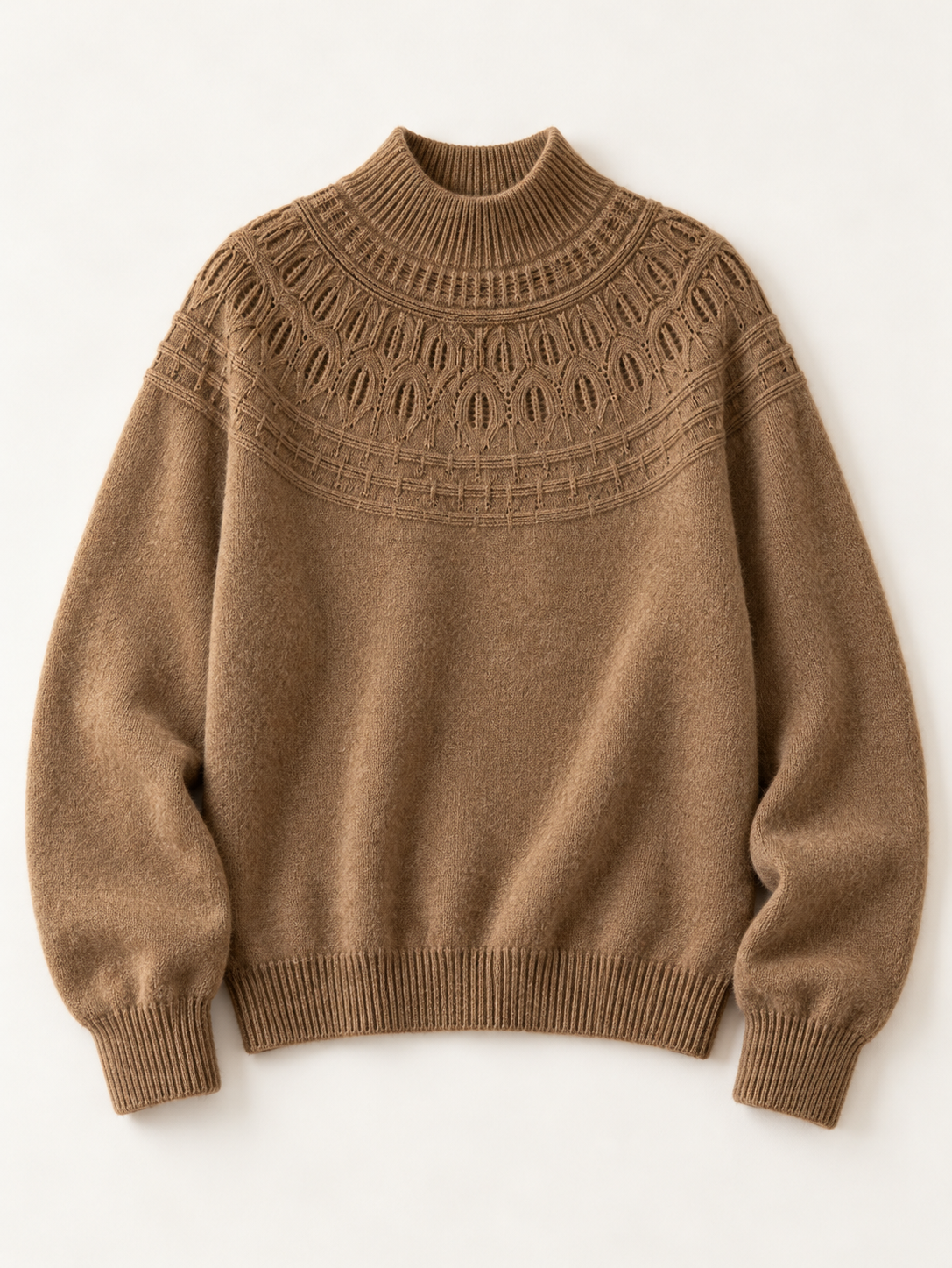Wool-Cashmere Pointelle-Yoke Sweater in Dark Camel, flat front view