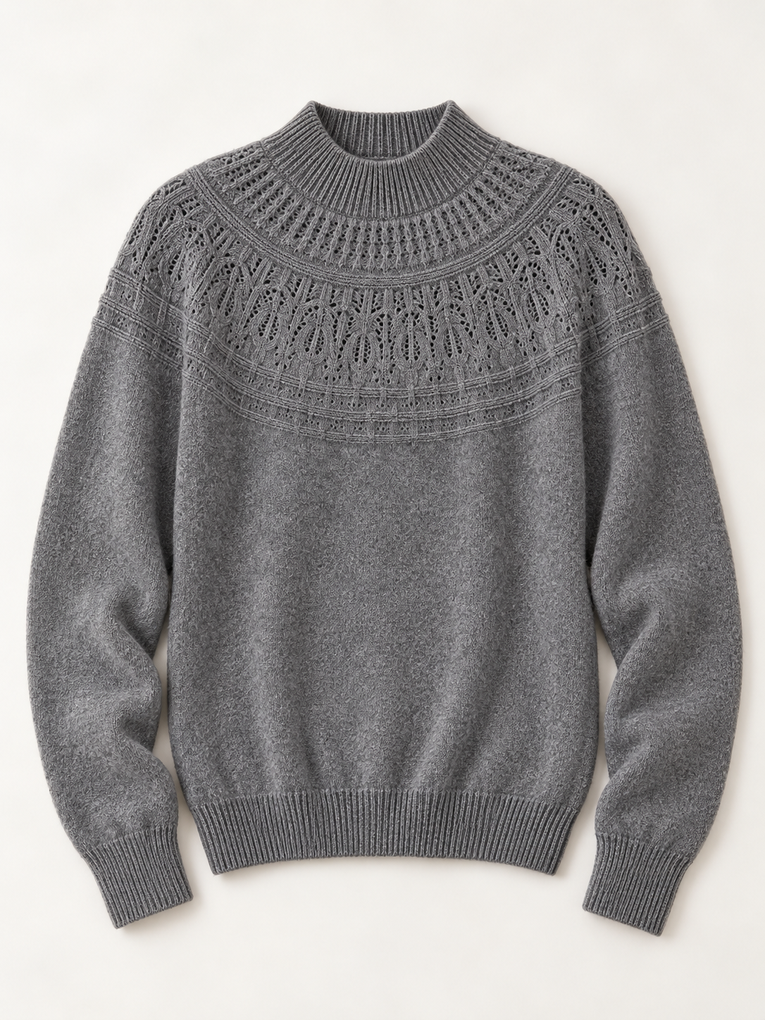 Wool-Cashmere Pointelle-Yoke Sweater in Medium Gray, flat front view