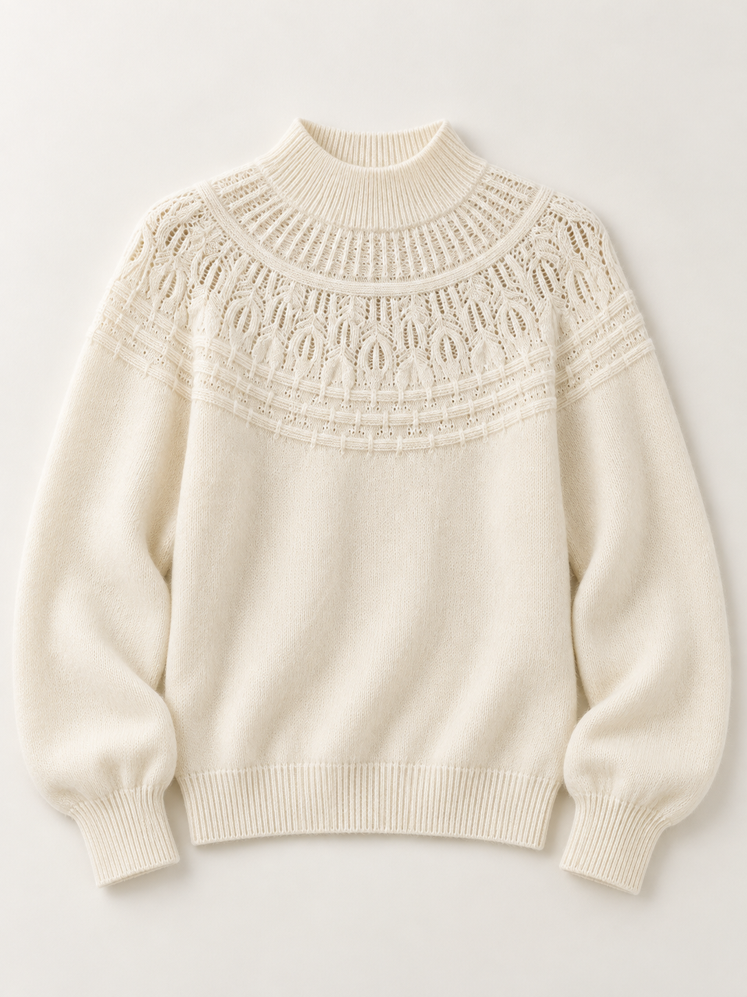 Wool-Cashmere Pointelle-Yoke Sweater in White, flat front view