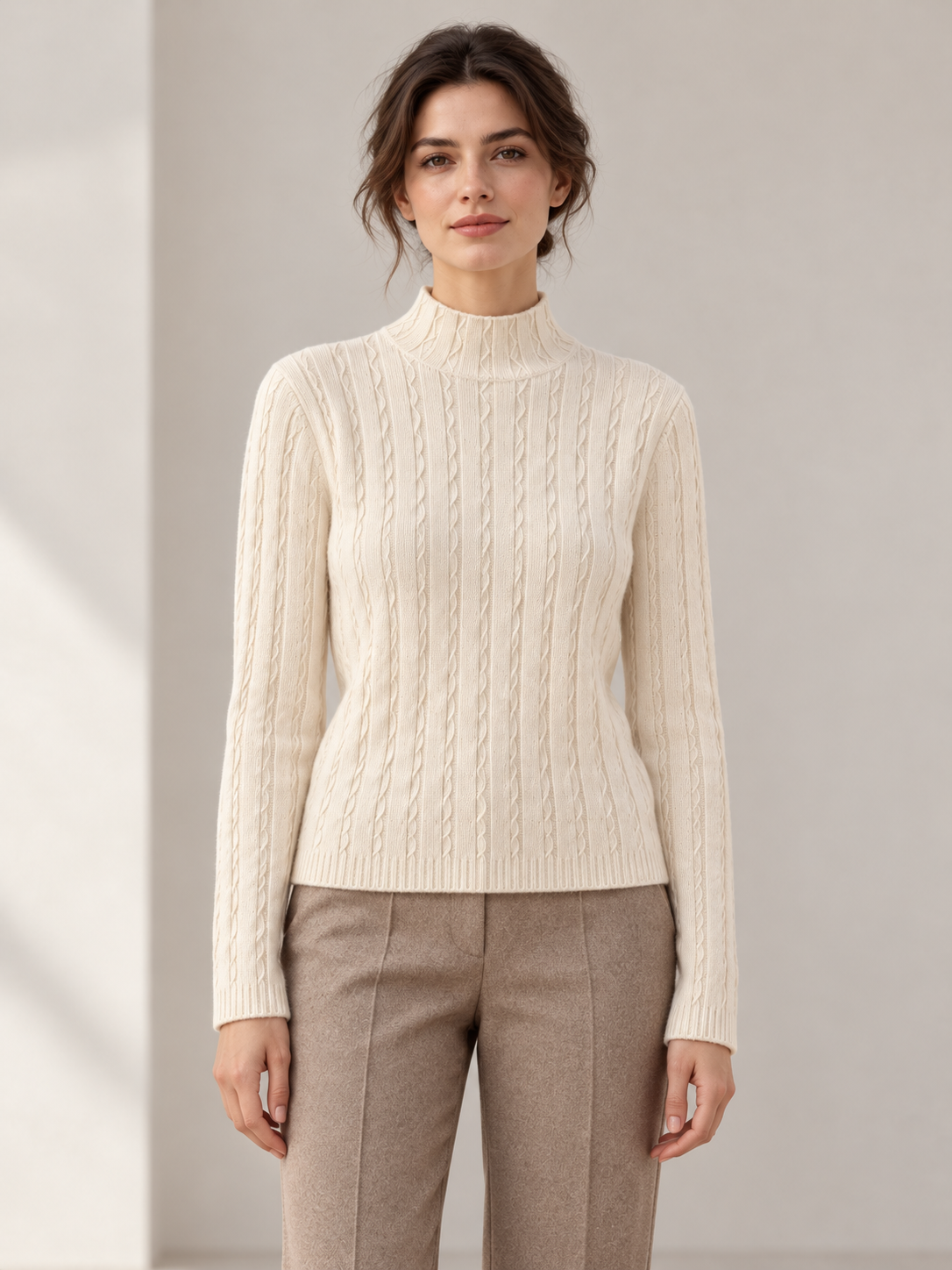 Wave-Texture Knit Sweater in White — model front