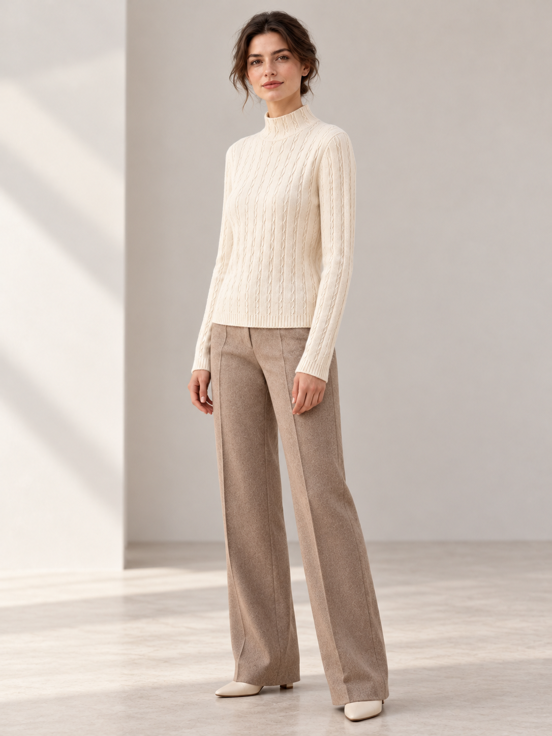 Wave-Texture Knit Sweater in White — model threequarter