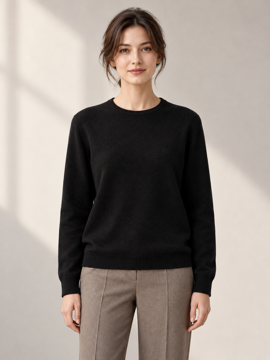 Roll-Edge Crewneck Knit Sweater in Black — model front
