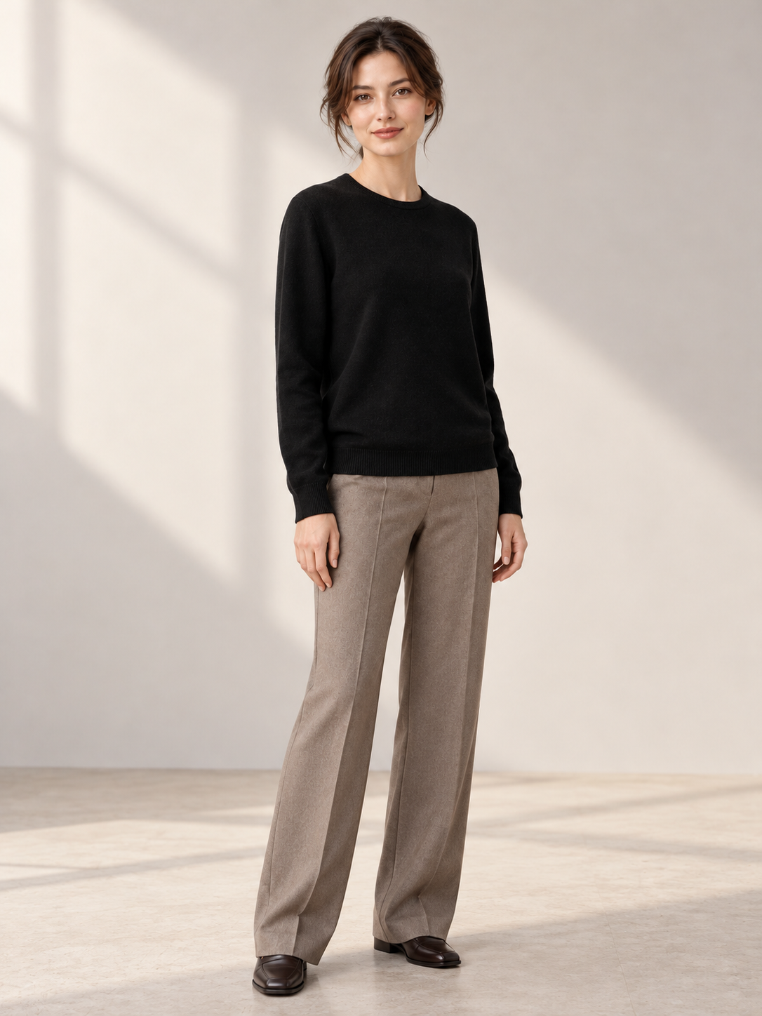 Roll-Edge Crewneck Knit Sweater in Black — model threequarter