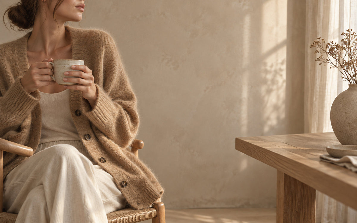 Woman in a camel knit cardigan holding a coffee cup