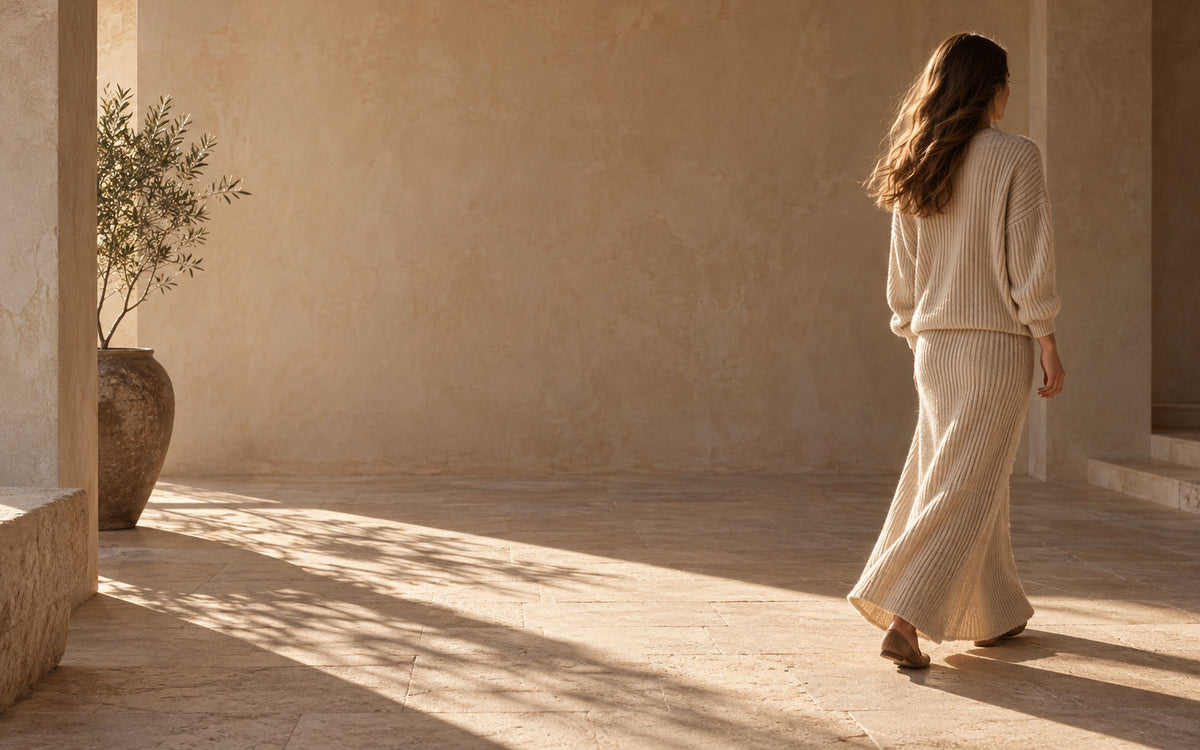 Woman walking in an oatmeal knit set