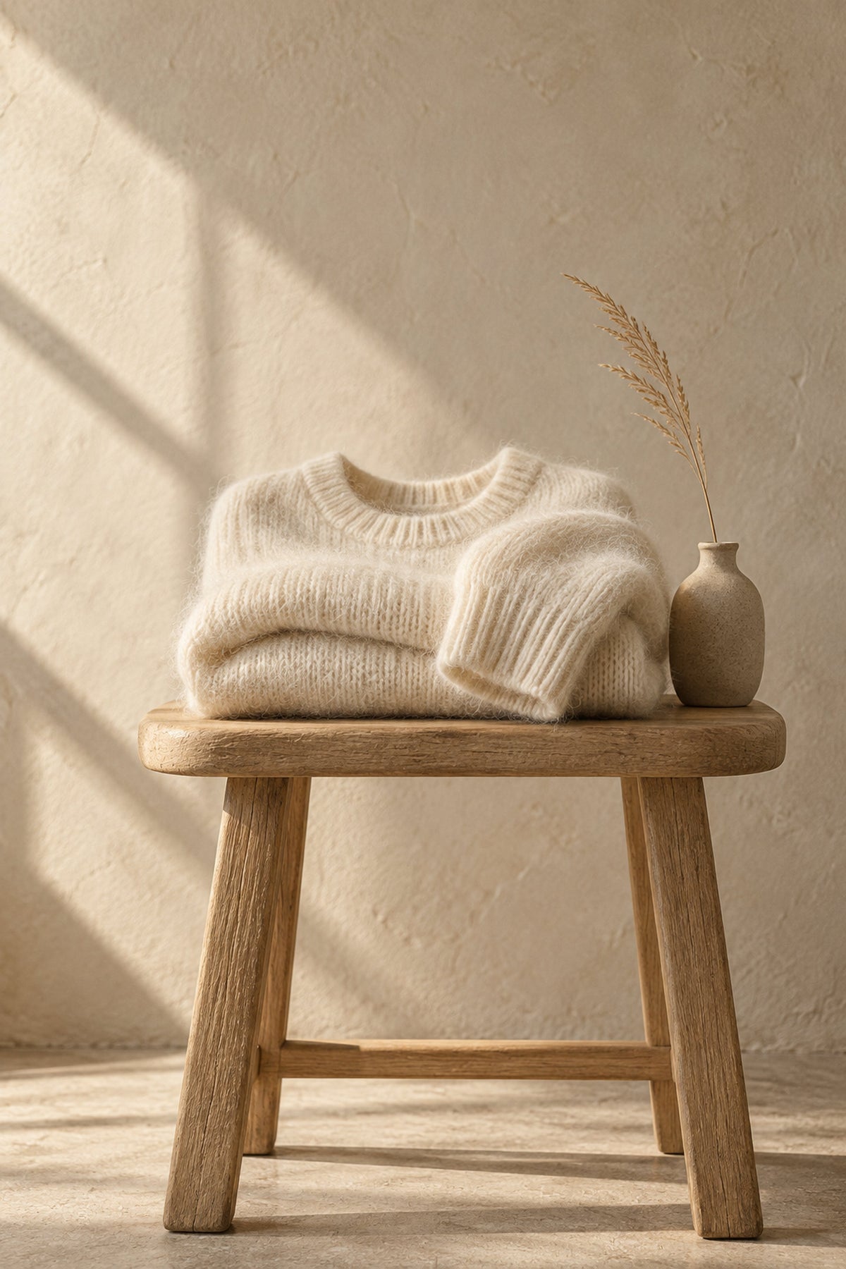 Folded ivory mohair sweater on an oak stool in warm window light