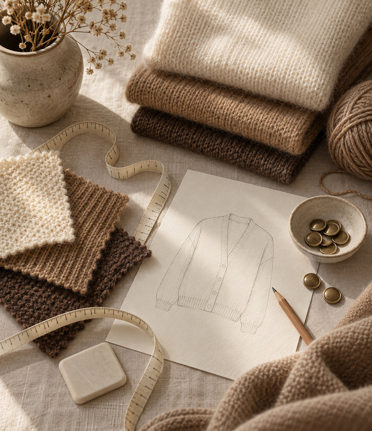 Knit swatches, buttons and a cardigan sketch on a linen table