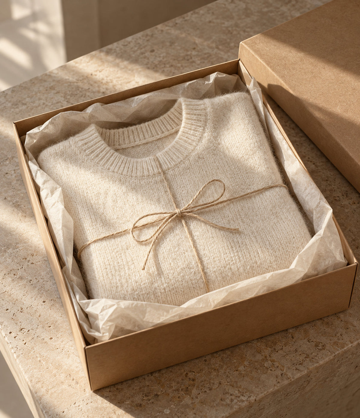 Folded ivory sweater in a kraft gift box with tissue paper