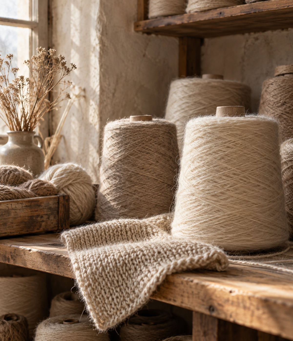 Cones of undyed wool yarn in a knitting workshop
