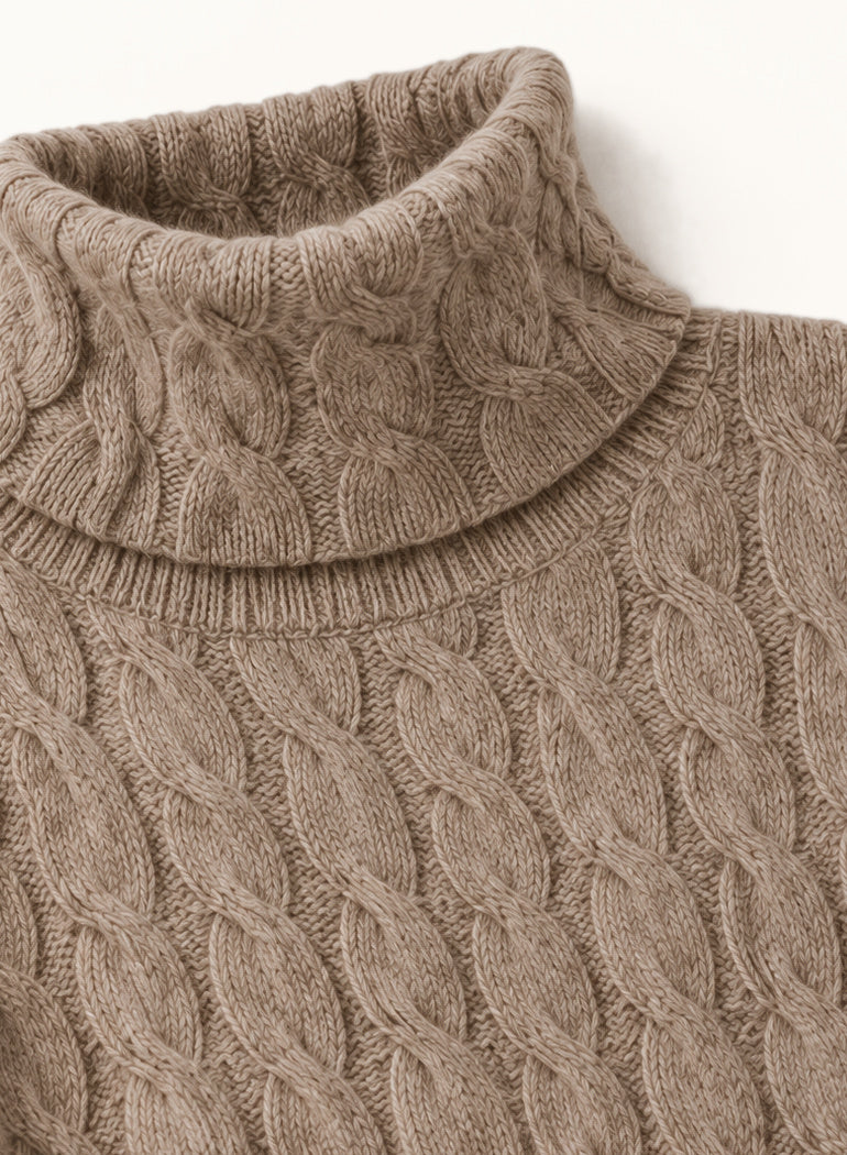 Cable-knit cashmere turtleneck in taupe, knit detail