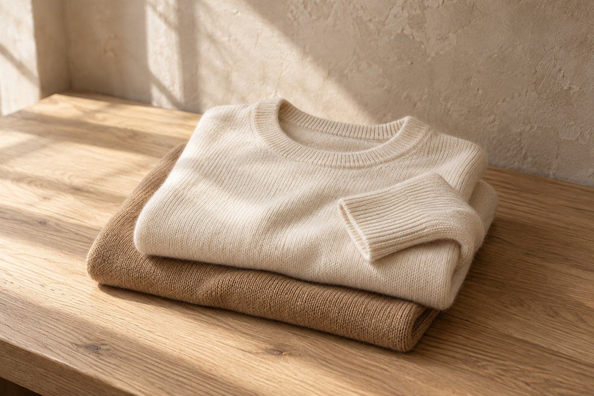 Ivory and camel knitwear folded on a pale oak table in soft natural light