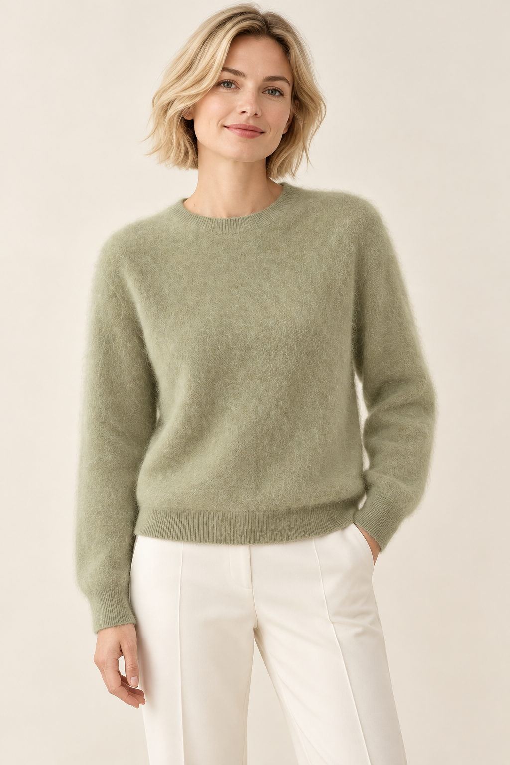 Brushed Crewneck Knit Sweater in Sage Green — model view