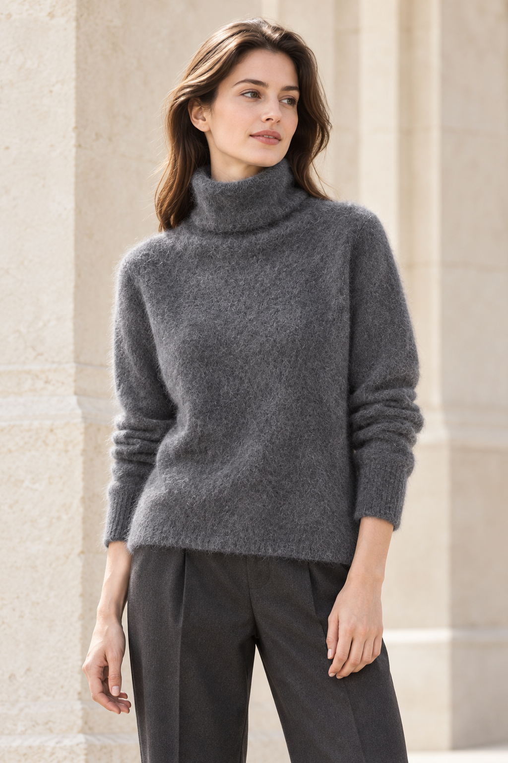 Brushed Cashmere Soft-Neck Sweater in Dark Gray — model view