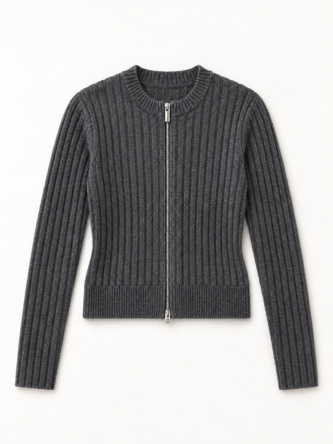 Cashmere Ribbed Zip Cardigan in Gray — front product view