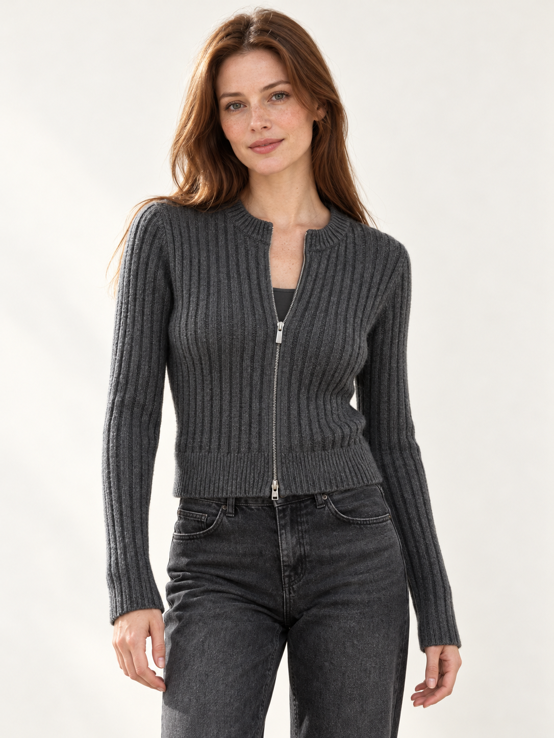 Cashmere Ribbed Zip Cardigan in Gray — model view