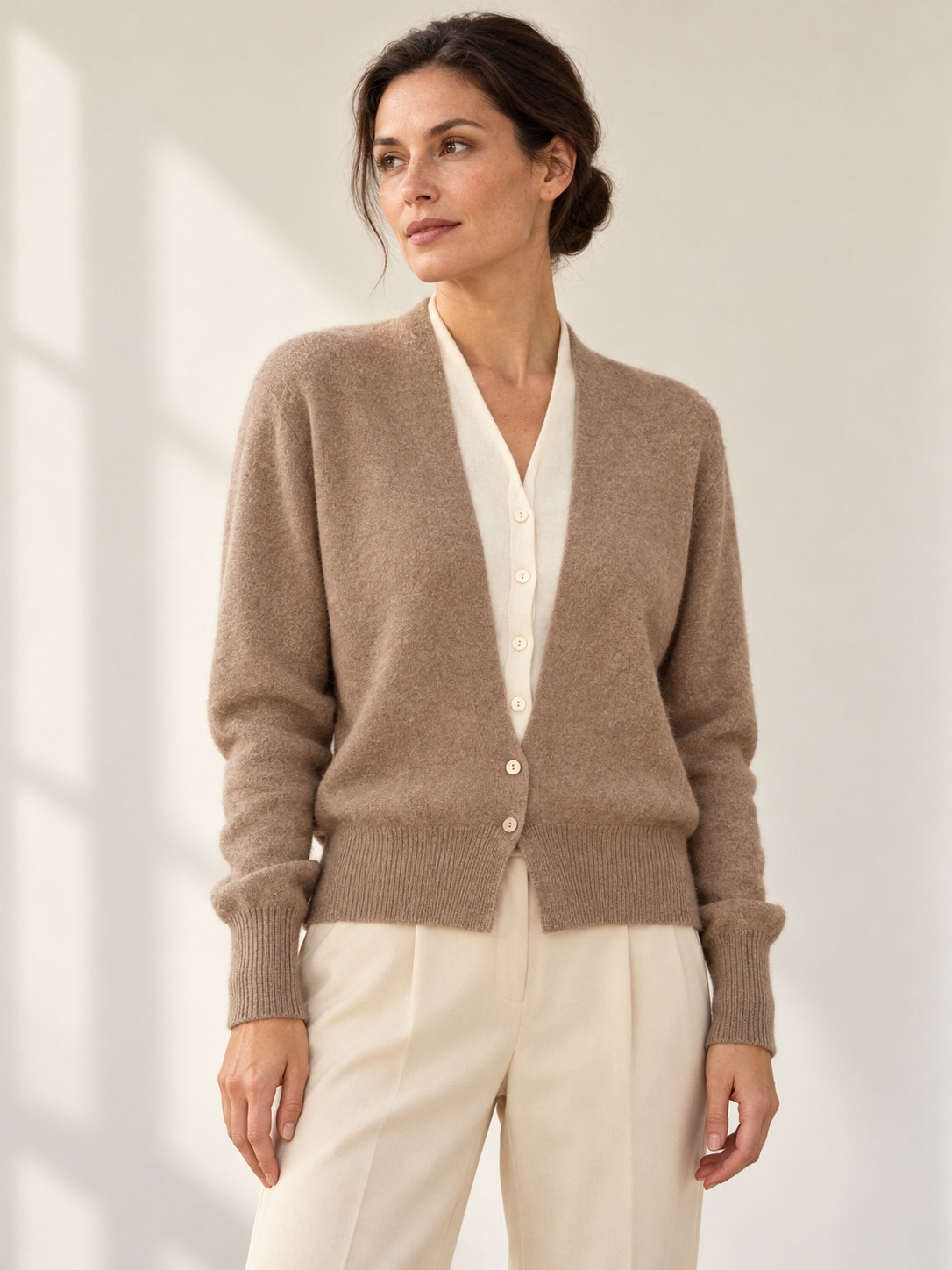 Cashmere Layered-Look Pullover in Dark Camel — model view