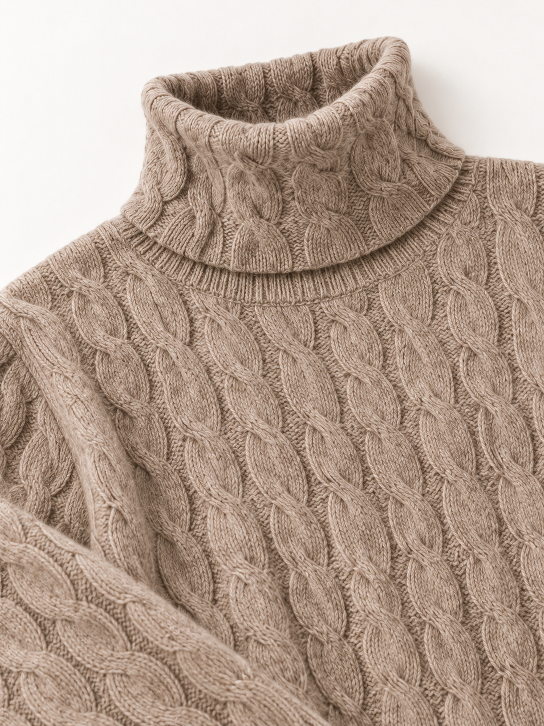 Cable-Knit Cashmere Turtleneck in Taupe — detail view