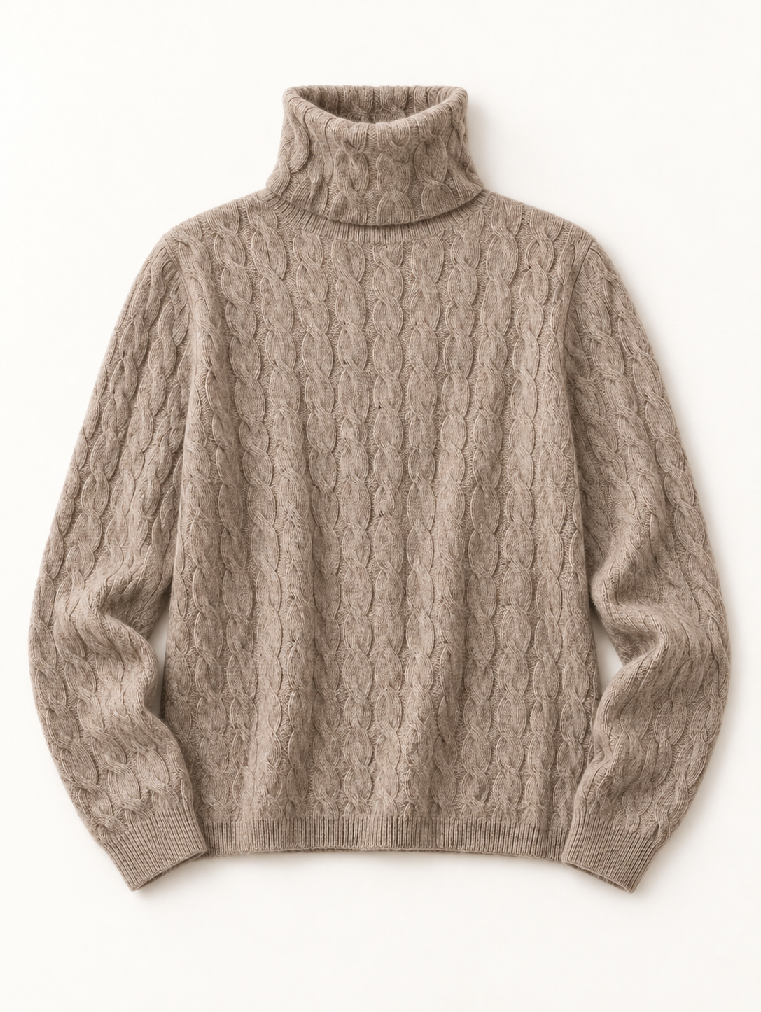 Cable-Knit Cashmere Turtleneck in Taupe — front view