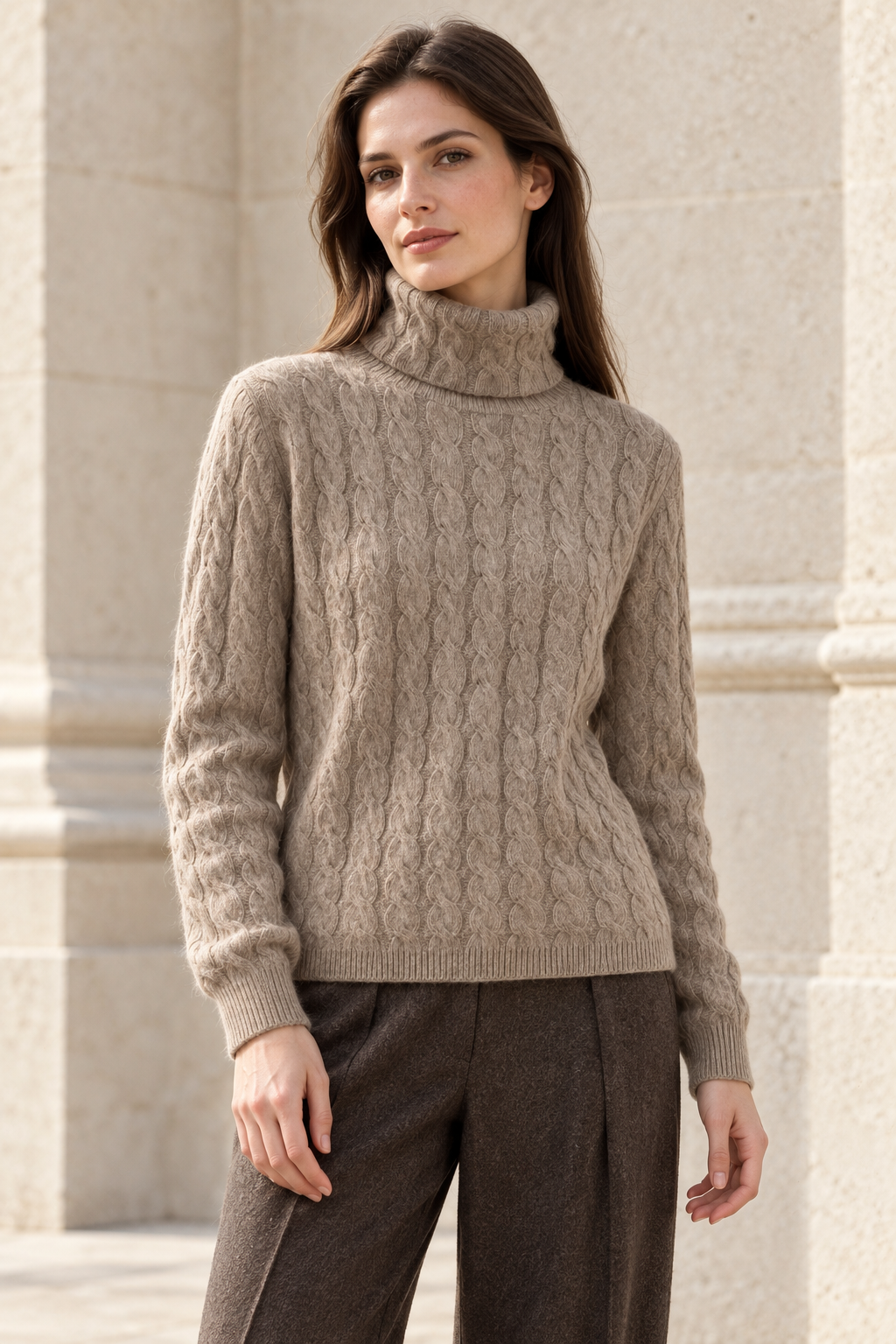 Cable-Knit Cashmere Turtleneck in Taupe — model view