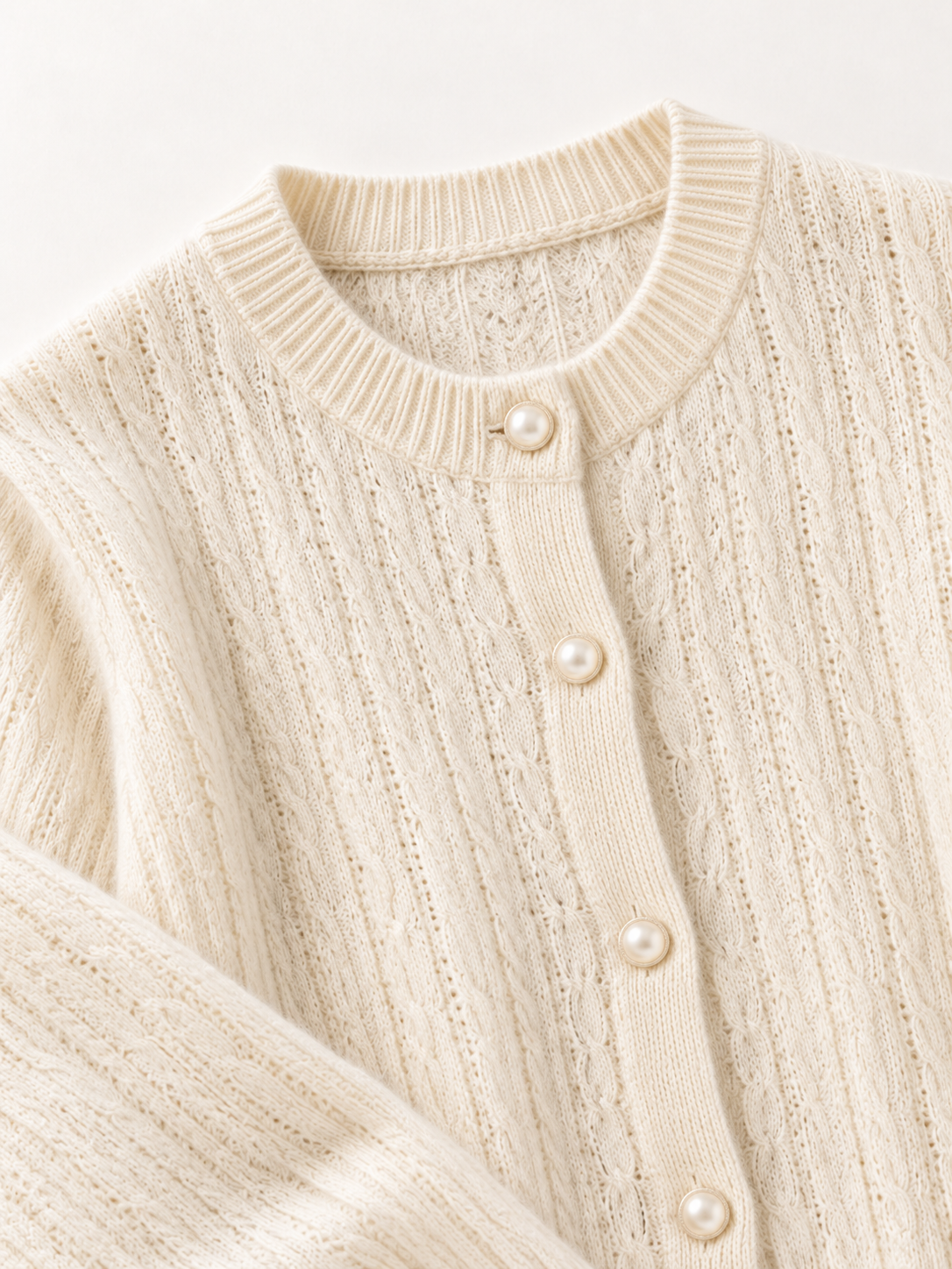 Textured Cable-Knit Cardigan in Cream — detail view