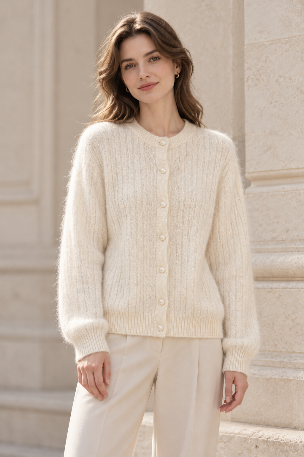 Textured Cable-Knit Cardigan in Cream — model view