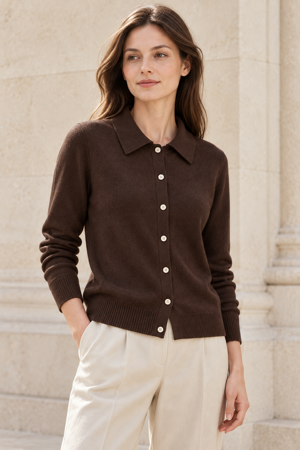 Wool Collared Cardigan in Dark Brown — model view