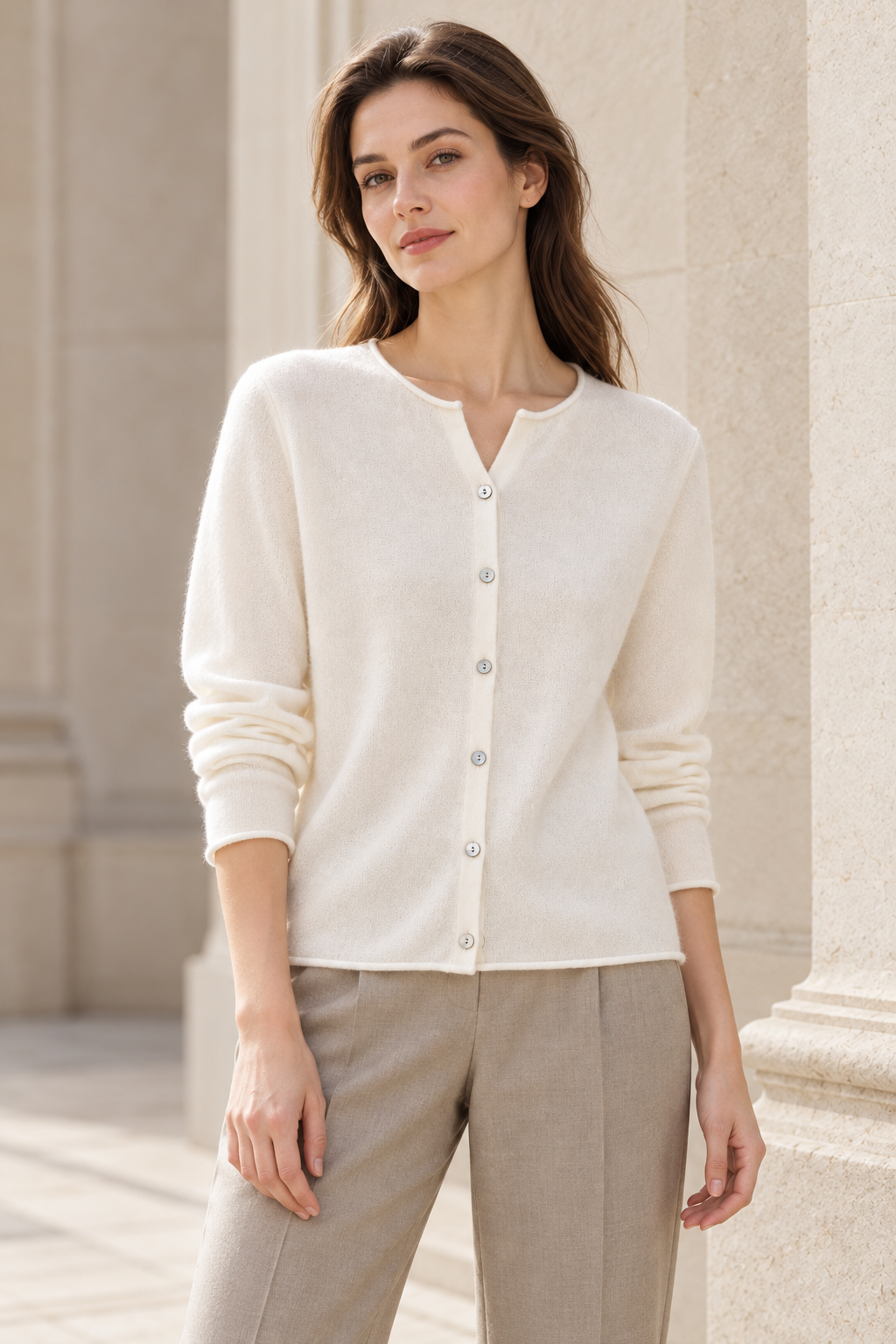 Cashmere Roll-Edge Cardigan in White — model view