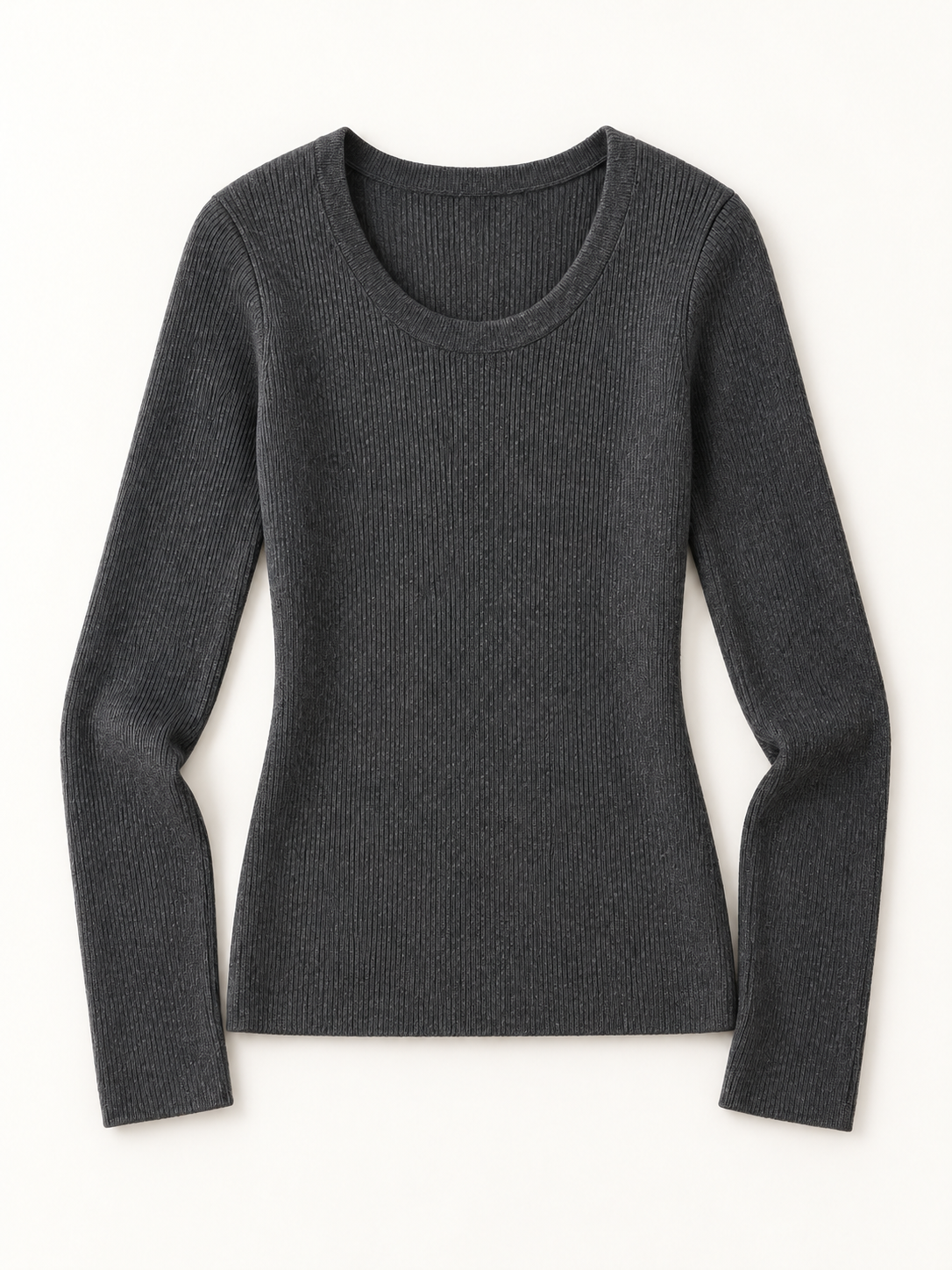 Cashmere-Wool Ribbed Scoopneck in Dark Gray — front view