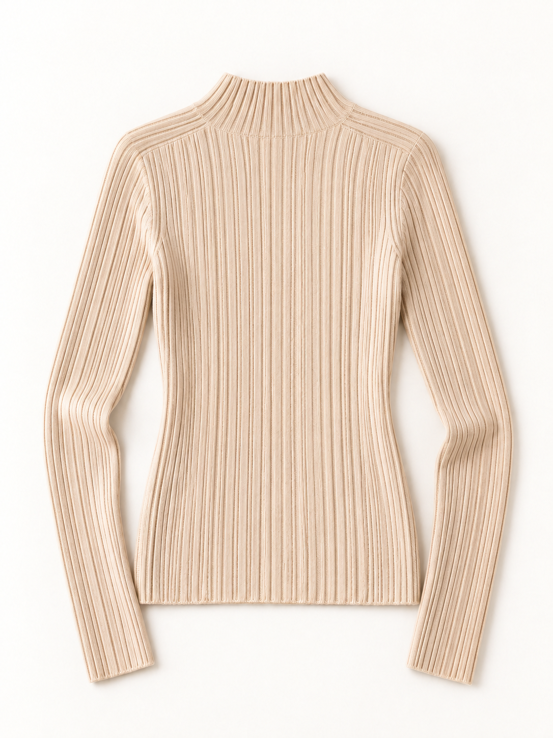 Wool Ribbed Mockneck in Apricot Beige — back view