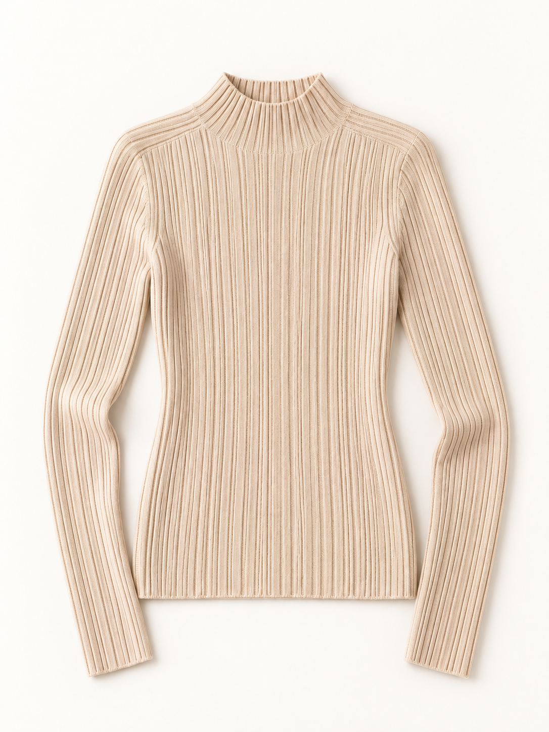 Wool Ribbed Mockneck in Apricot Beige — front view