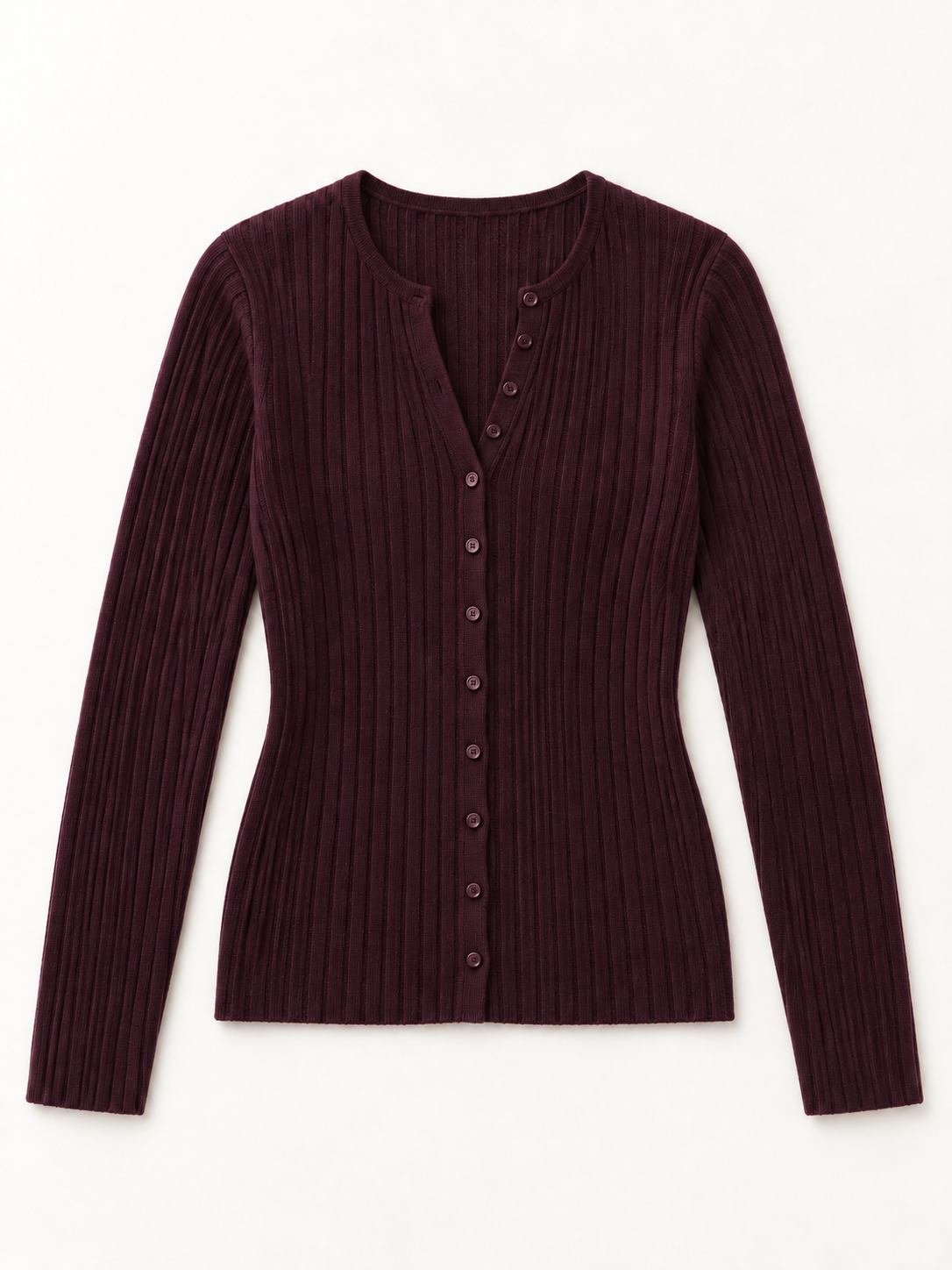 Fine-Rib Button Cardigan in Plum — front product view