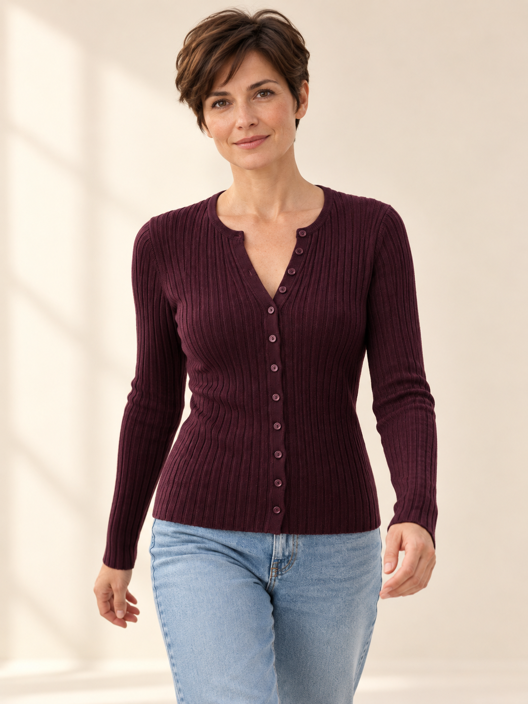 Fine-Rib Button Cardigan in Plum — model view