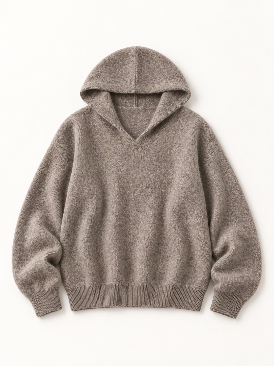 Wool Hooded Knit Pullover in Oatmeal Taupe — front view