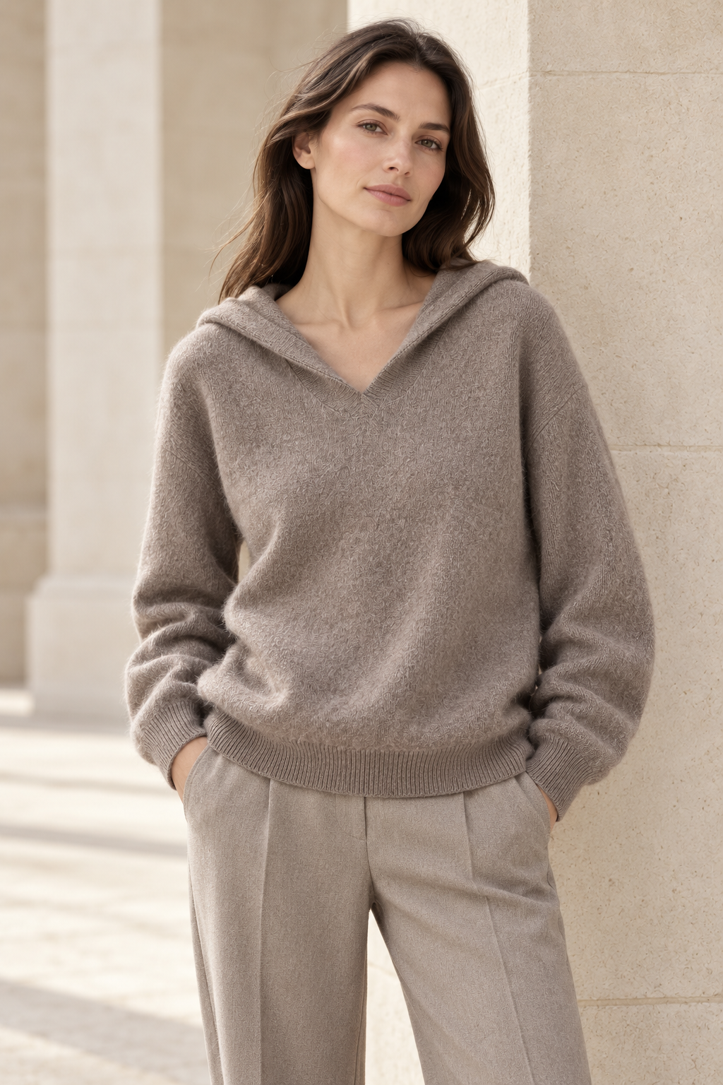 Wool Hooded Knit Pullover in Oatmeal Taupe — model view