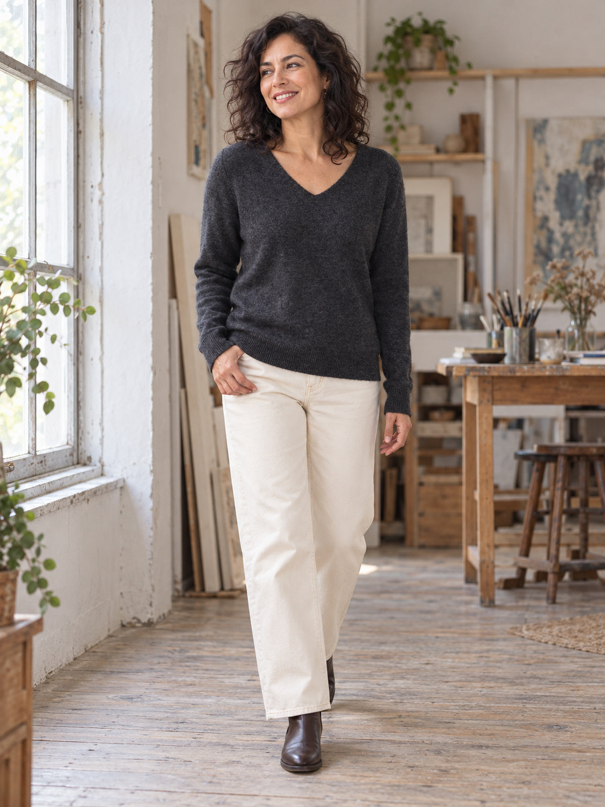 Wool-Cashmere Plain-Knit V-Neck Sweater in Dark Gray, worn, front view