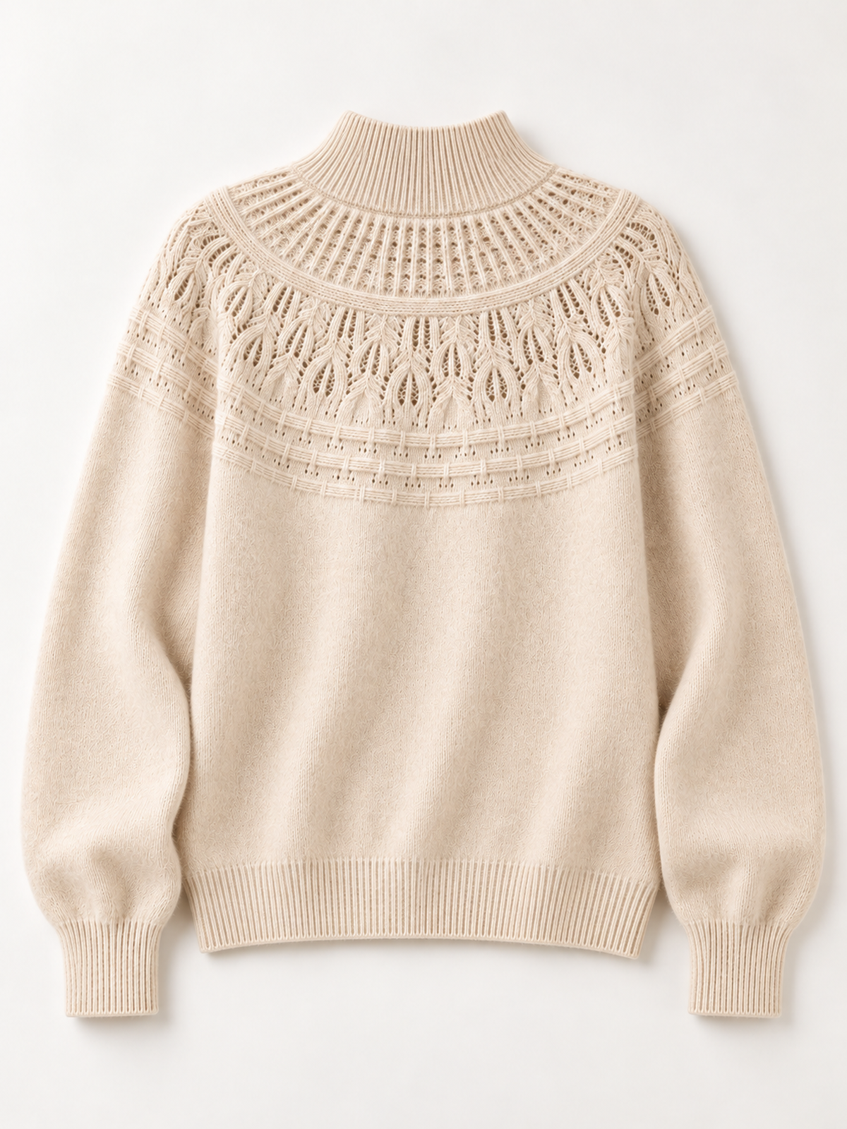 Wool-Cashmere Pointelle-Yoke Sweater in Natural Ivory, flat back view