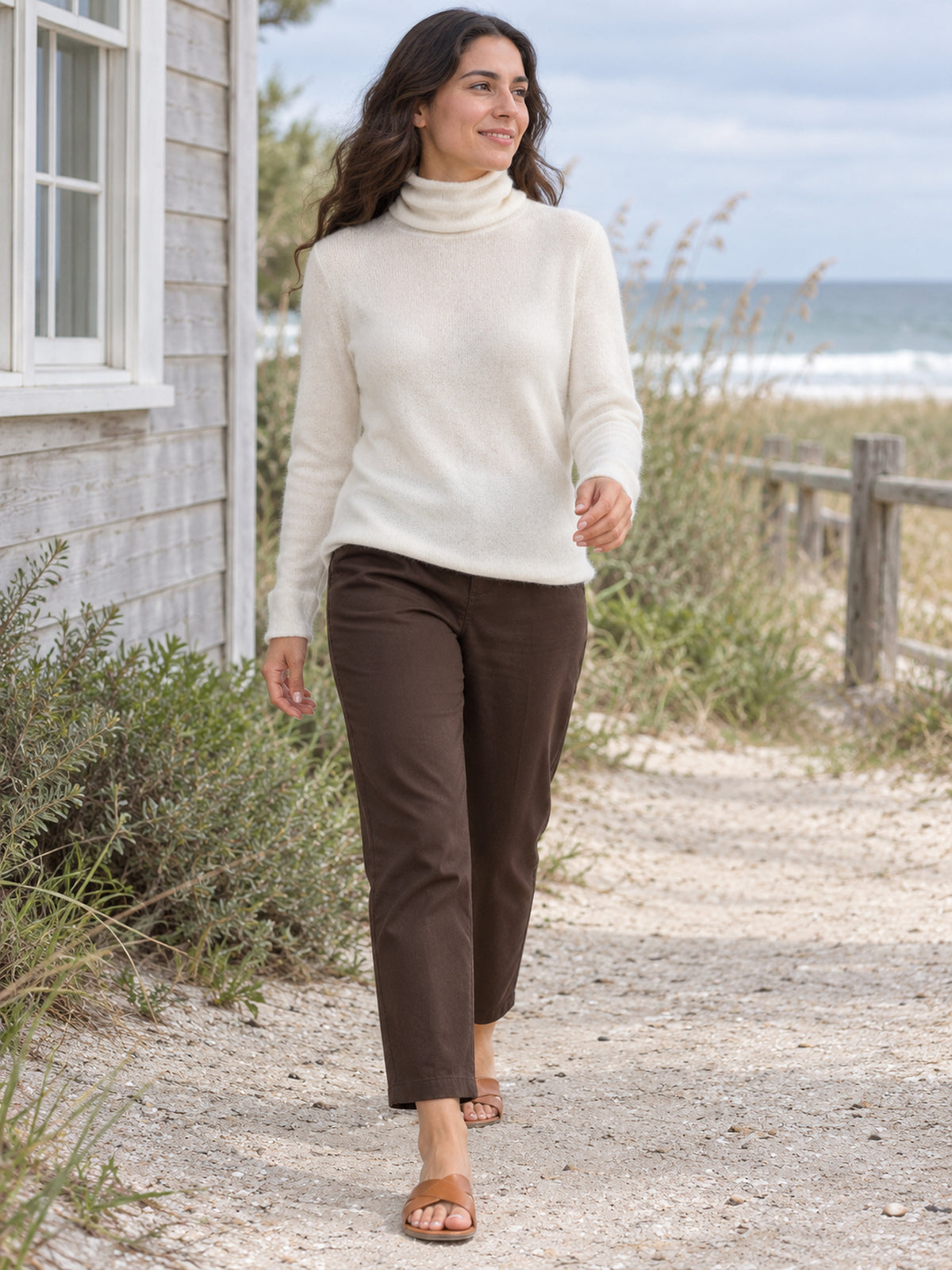 Cashmere Roll-Edge Draped-Neck Sweater in White, worn, front view