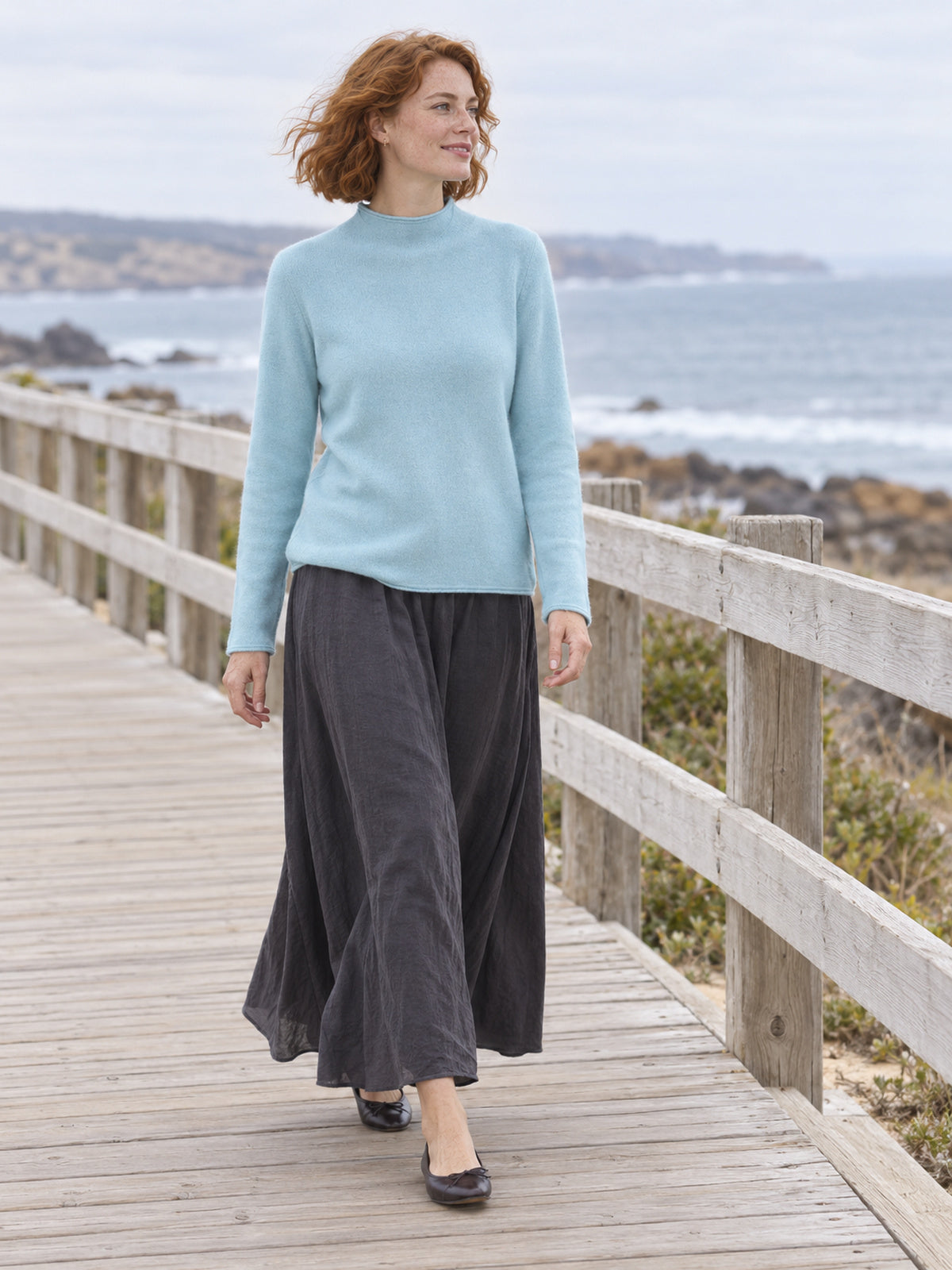 Wool-Cashmere Roll-Edge Mock-Neck Sweater in Lake Blue, worn, front view