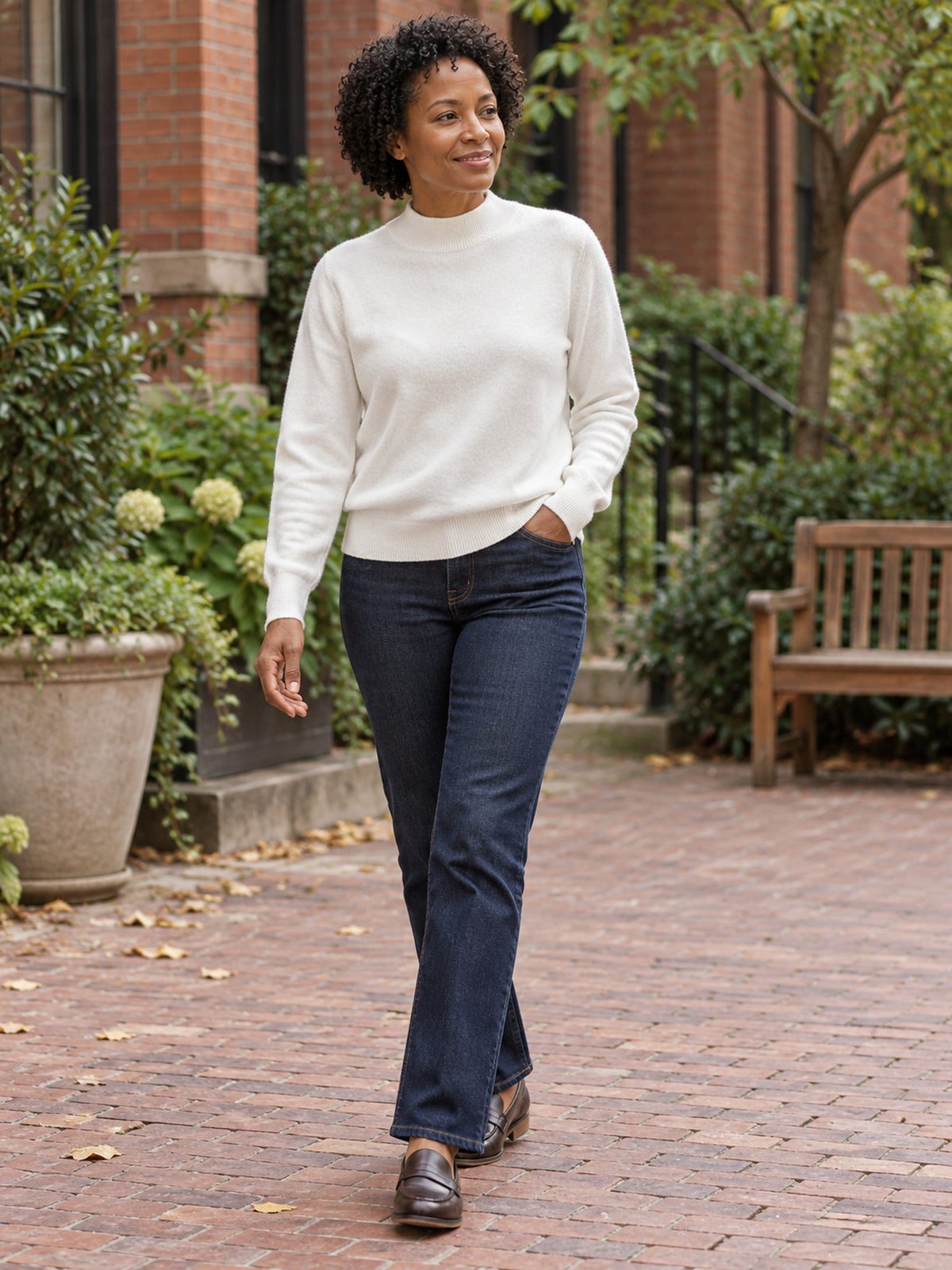 Cashmere Solid Mock-Neck Sweater in White, worn, front view