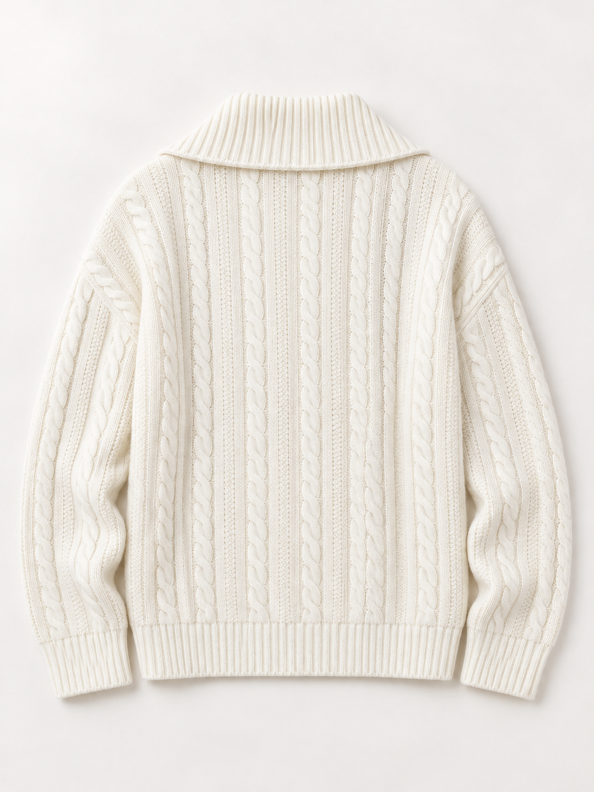 Cashmere Wide-Collar Zip Cable-Knit Sweater in White, flat back view
