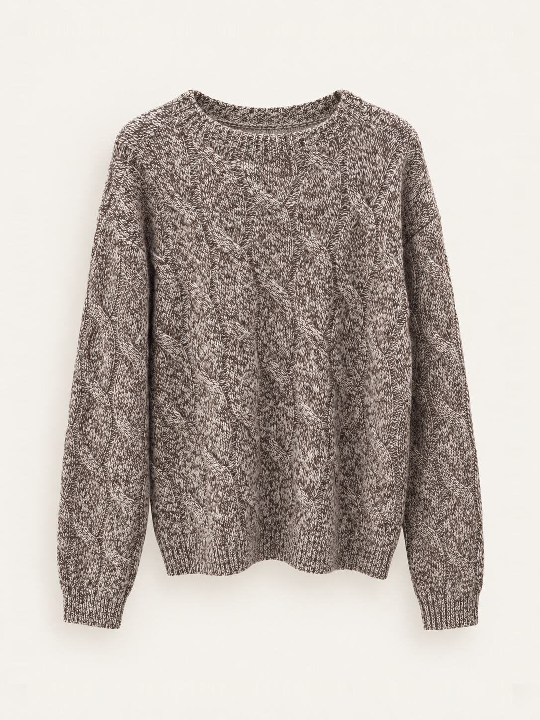 Heather Coffee wool marled cable crewneck front