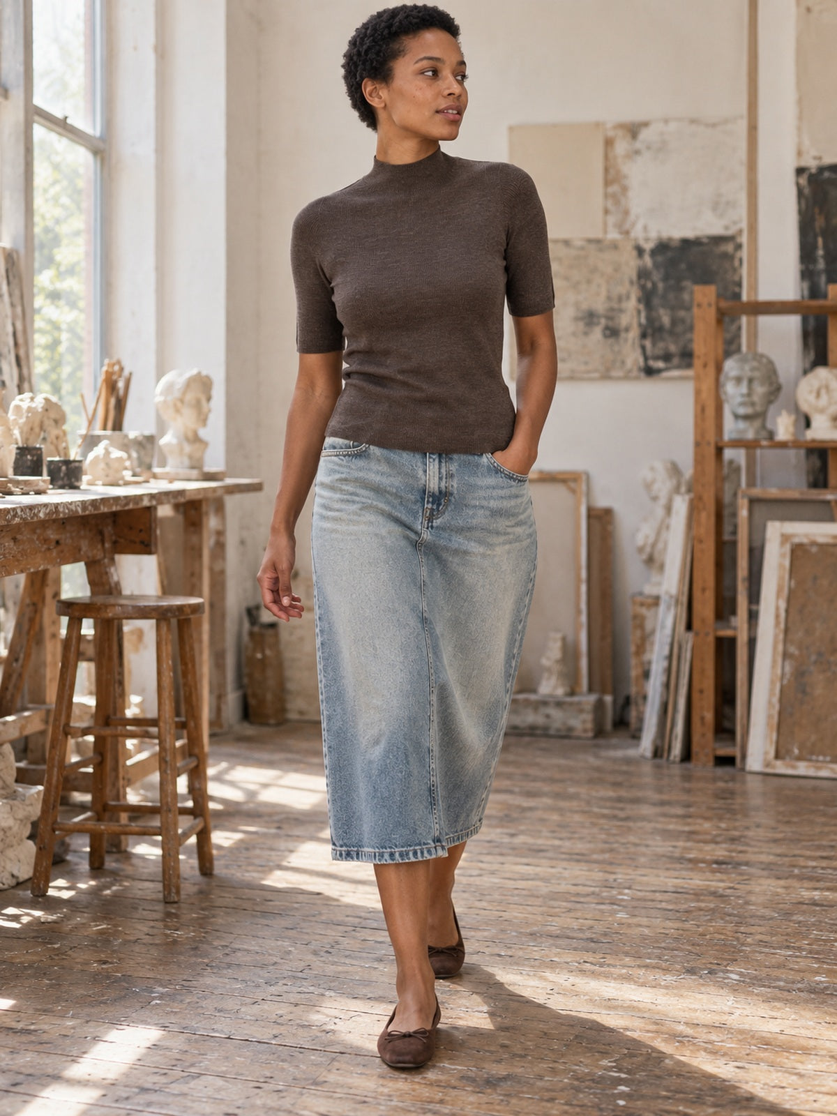 Wool Short-Sleeve Mockneck in Mocha — model view